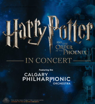Text: Harry Potter and the Order of the Phoenix™ in Concert with the philharmonic Blue stary back ground with a silver ball with two silver snakes at the bottom of the ball
